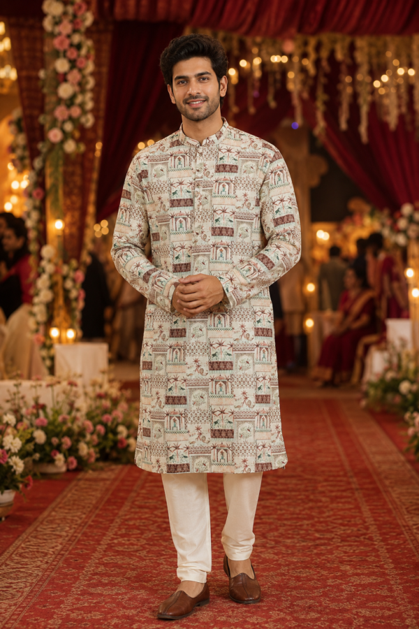 Heritage Print Designer Cotton Kurta for Men - Image 3