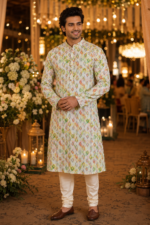 Elegant Pastel Ikat Print Men's Ethnic Kurta - Image 3