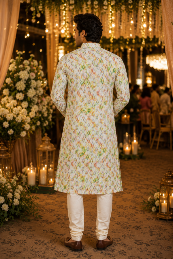 Elegant Pastel Ikat Print Men's Ethnic Kurta - Image 2