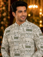 Sage Green Heritage Print Cotton Kurta for Men