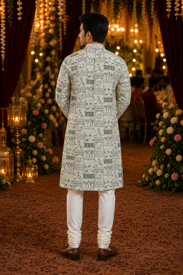 Sage Green Heritage Print Cotton Kurta for Men - Image 3