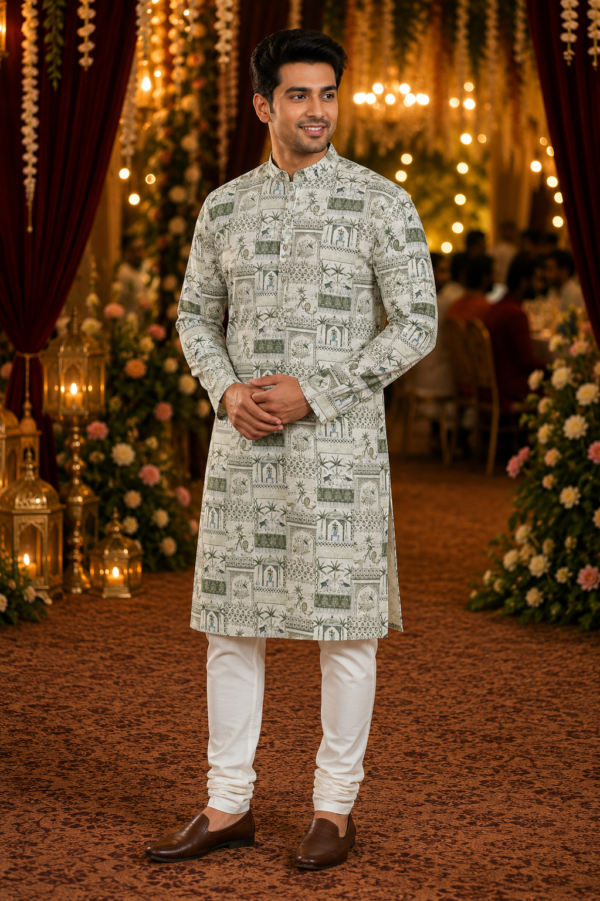 Sage Green Heritage Print Cotton Kurta for Men - Image 2