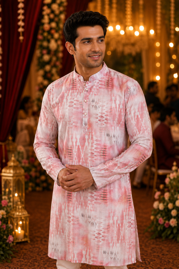 Blush Pink Abstract Print Ethnic Kurta for Men - Image 3