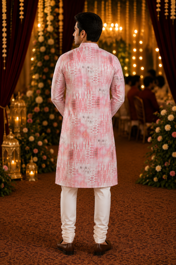 Blush Pink Abstract Print Ethnic Kurta for Men - Image 4