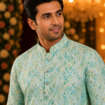 Mint Green Geometric Print Ethnic Kurta for Men