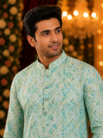 Mint Green Geometric Print Ethnic Kurta for Men