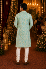 Mint Green Geometric Print Ethnic Kurta for Men - Image 3