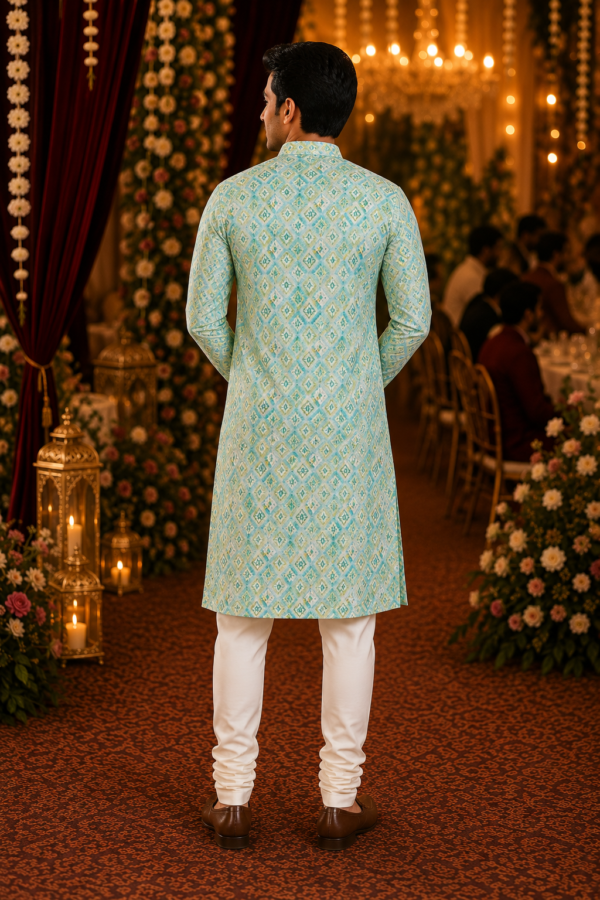 Mint Green Geometric Print Ethnic Kurta for Men - Image 3