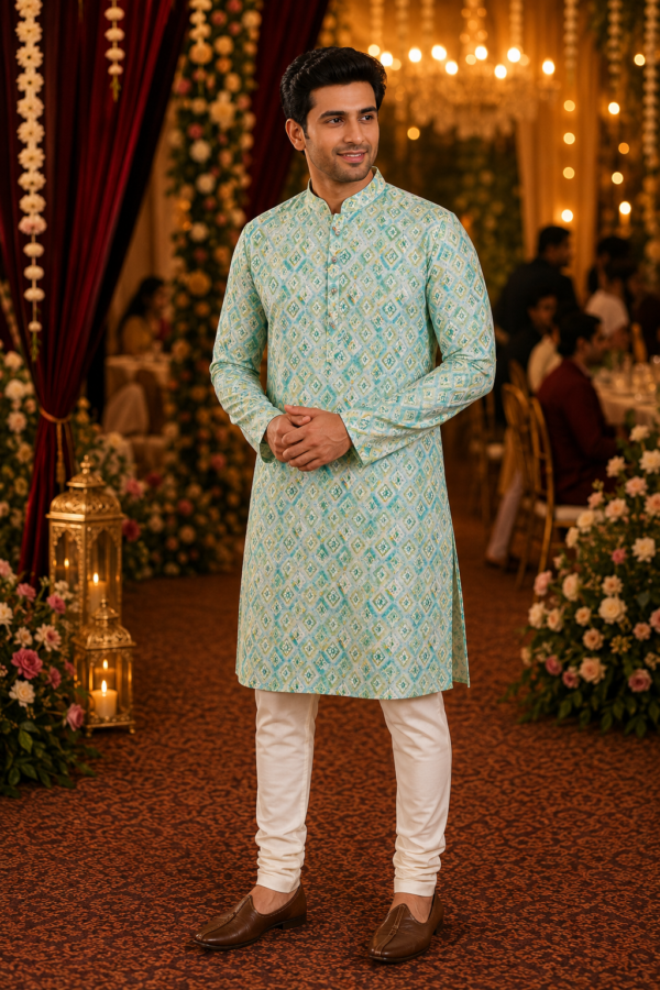 Mint Green Geometric Print Ethnic Kurta for Men - Image 2