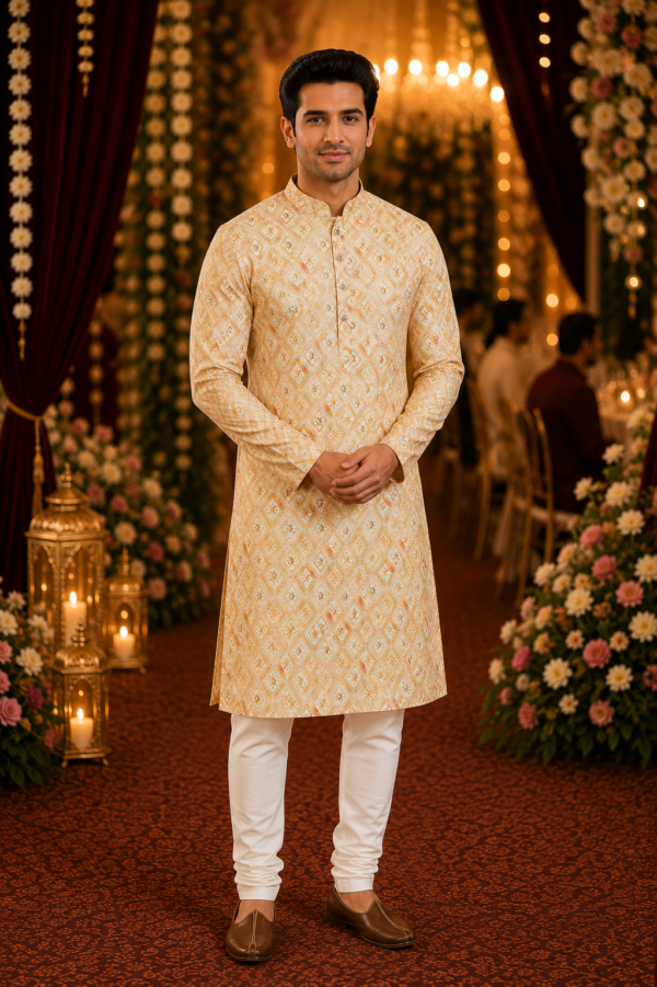 Sun-Kissed Geometric Print Cotton Kurta for Men - Image 3