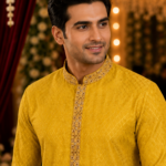Mustard Yellow Embroidered Chikankari Silk Kurta for Men