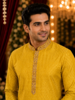 Mustard Yellow Embroidered Chikankari Silk Kurta for Men
