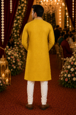 Mustard Yellow Embroidered Chikankari Silk Kurta for Men - Image 3