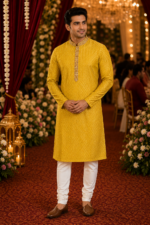 Mustard Yellow Embroidered Chikankari Silk Kurta for Men - Image 2