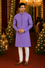 Royal Lavender Textured Ethnic Kurta for Men - Image 3