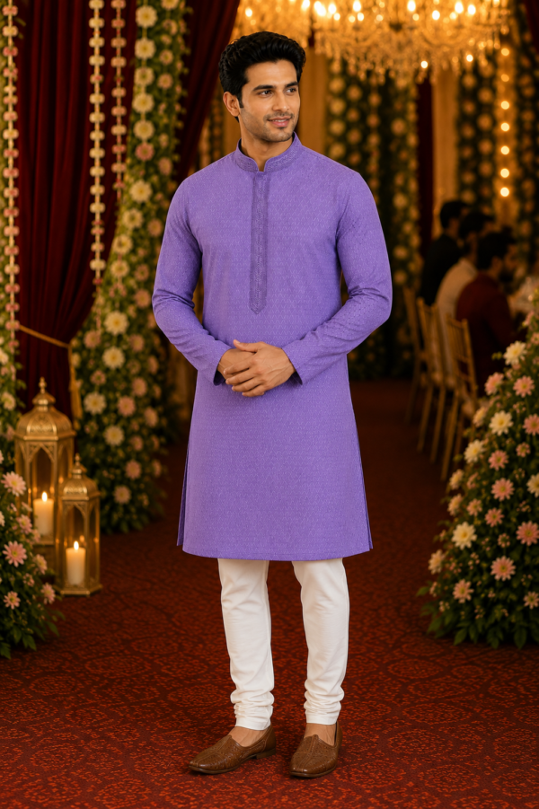 Royal Lavender Textured Ethnic Kurta for Men - Image 3