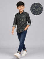 Boys Trendy Olive & Black Floral Print Long-Sleeve Shirt - Image 2