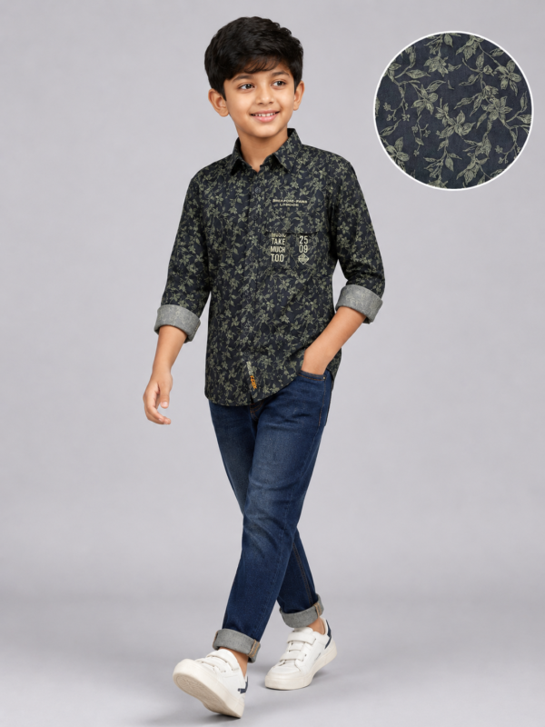 Boys Trendy Olive & Black Floral Print Long-Sleeve Shirt - Image 2