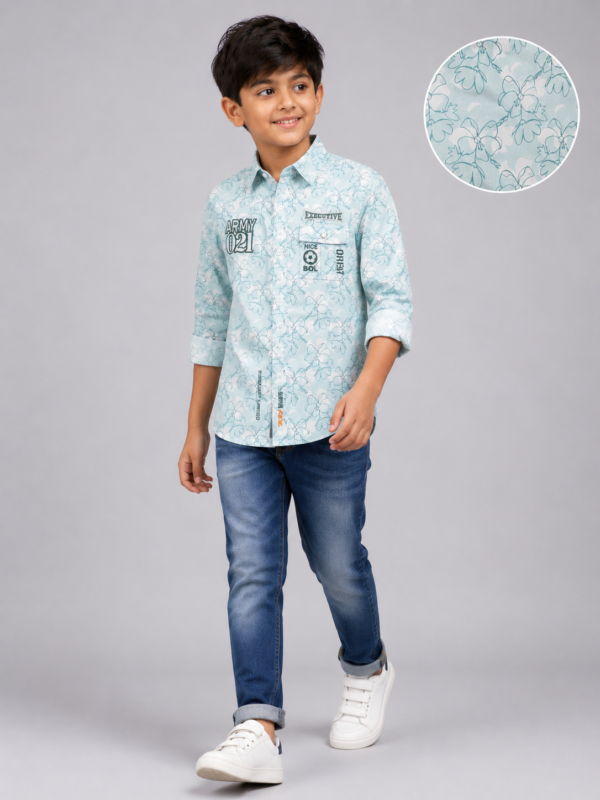 Boys Mint Floral Print Graphic Casual Button-Down Shirt - Image 3