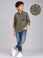 Boys Olive Green Floral Print Casual Button-Down Shirt - Image 4