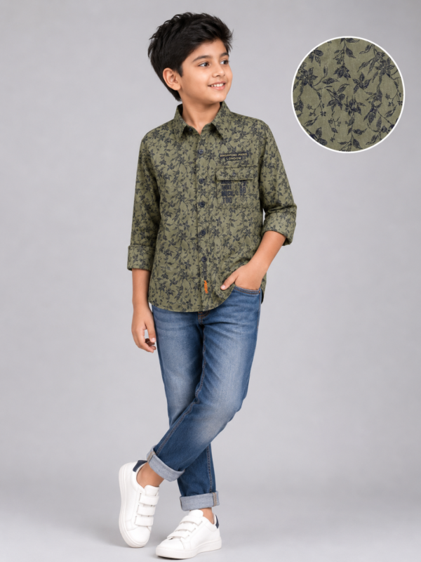 Boys Olive Green Floral Print Casual Button-Down Shirt - Image 4
