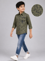 Boys Olive Green Floral Print Casual Button-Down Shirt - Image 3