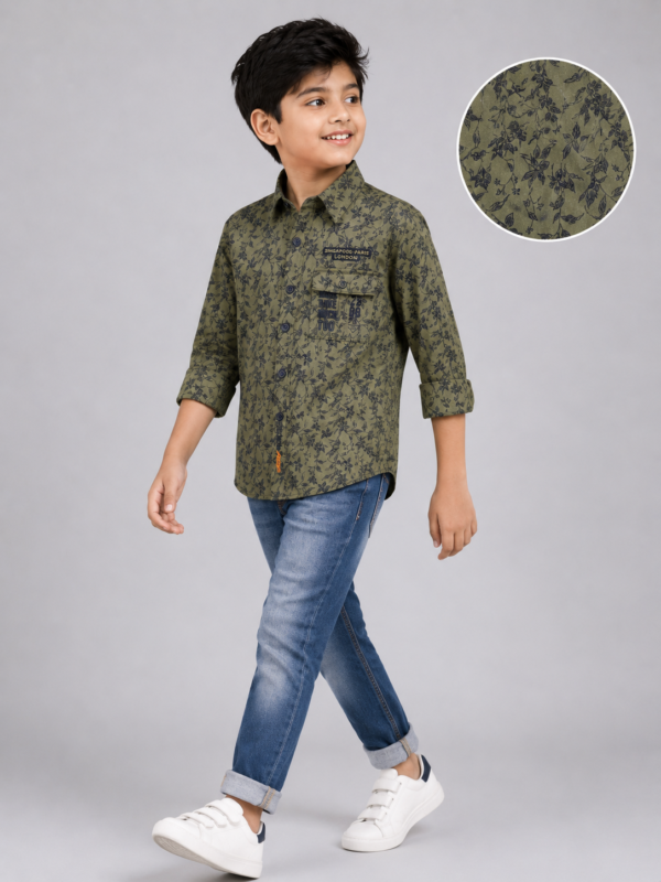 Boys Olive Green Floral Print Casual Button-Down Shirt - Image 3