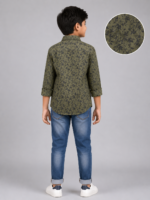 Boys Olive Green Floral Print Casual Button-Down Shirt - Image 2