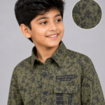 Boys Olive Green Floral Print Casual Button-Down Shirt