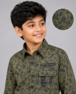 Boys Olive Green Floral Print Casual Button-Down Shirt