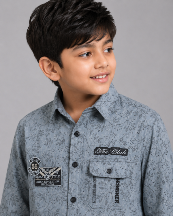 Boys' Grey Floral Print Casual Button-Down Shirt - Image 3