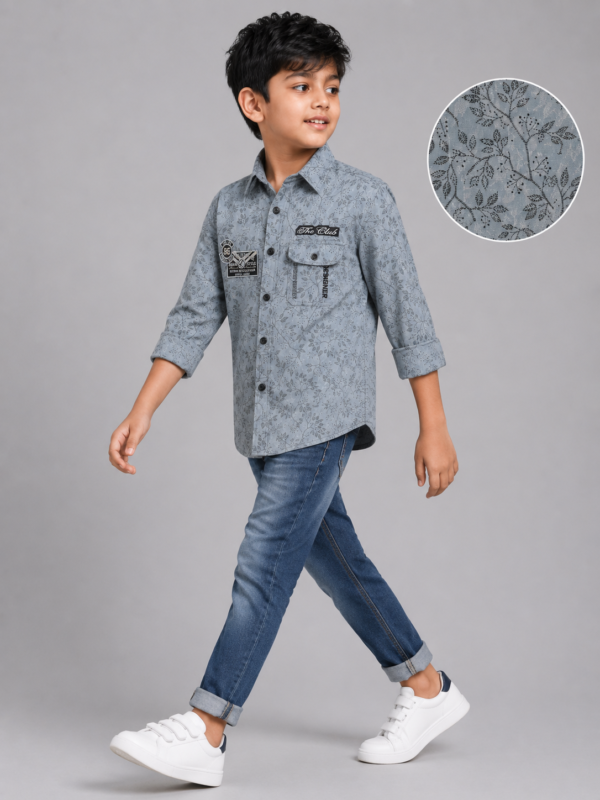 Boys' Grey Floral Print Casual Button-Down Shirt - Image 4