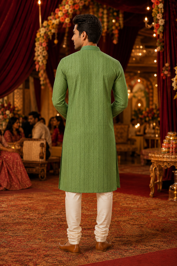 Elegant Sage Green Embroidered Ethnic Kurta for Men - Image 3