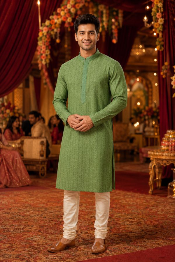 Elegant Sage Green Embroidered Ethnic Kurta for Men - Image 4