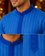 Royal Blue Self-Textured Ethnic Kurta for Men - Image 2