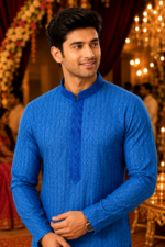 Royal Blue Self-Textured Ethnic Kurta for Men