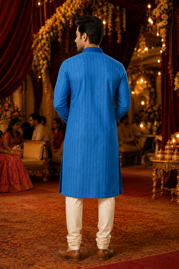 Royal Blue Self-Textured Ethnic Kurta for Men - Image 4
