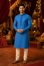 Royal Blue Self-Textured Ethnic Kurta for Men - Image 3