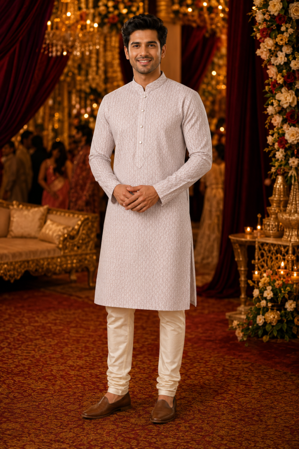 Elegant Blush Pink Textured Men's Ethnic Kurta - Image 2