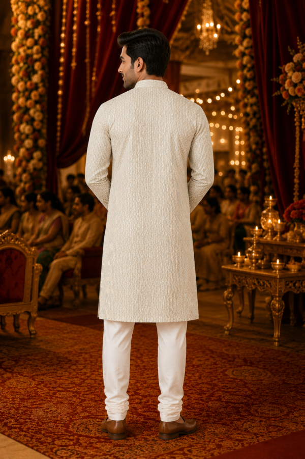 Elegant Off-White Textured Ethnic Kurta for Men - Image 3