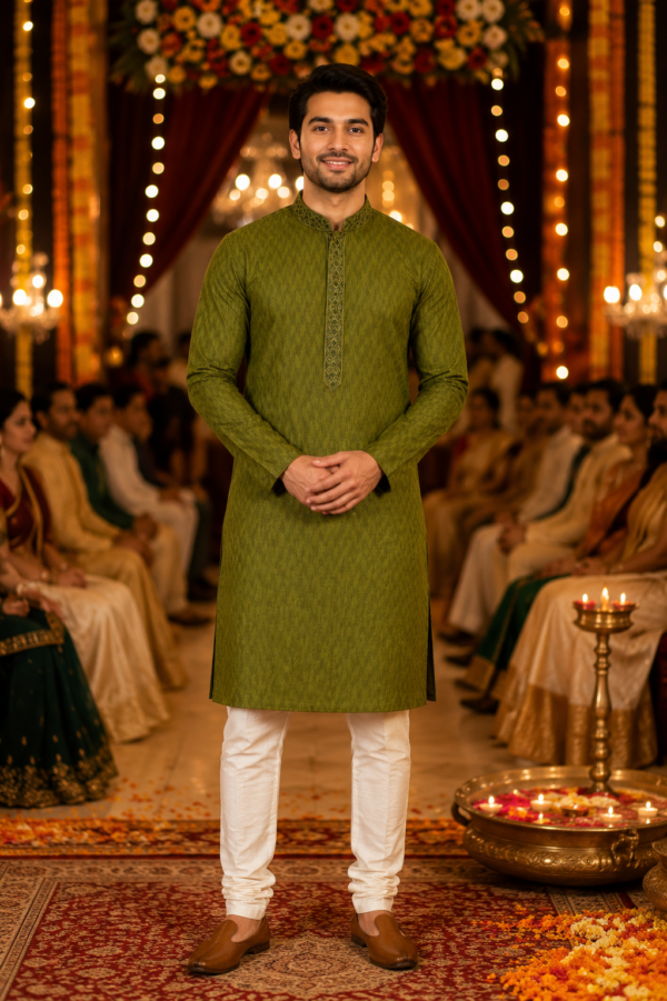 Olive Green Textured Embroidered Kurta for Men - Image 3