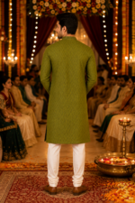 Olive Green Textured Embroidered Kurta for Men - Image 4