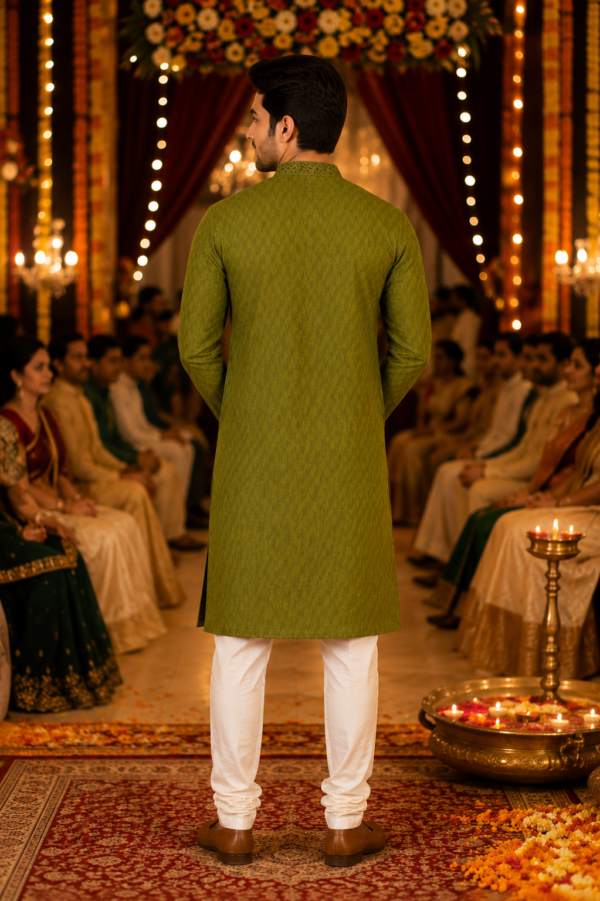 Olive Green Textured Embroidered Kurta for Men - Image 4
