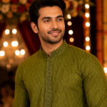 Olive Green Textured Embroidered Kurta for Men