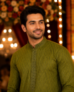 Olive Green Textured Embroidered Kurta for Men