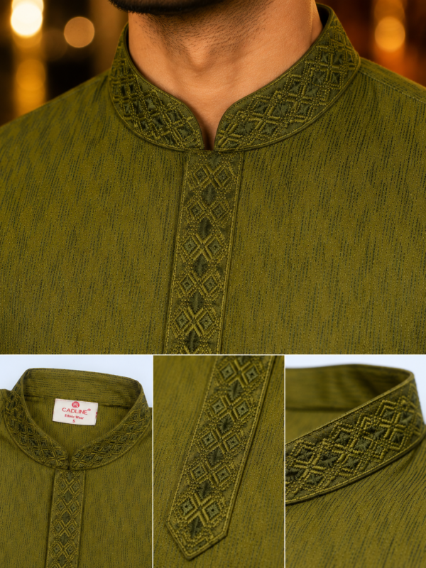 Olive Green Textured Embroidered Kurta for Men - Image 2
