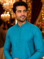 Vibrant Teal Textured Ethnic Kurta for Men