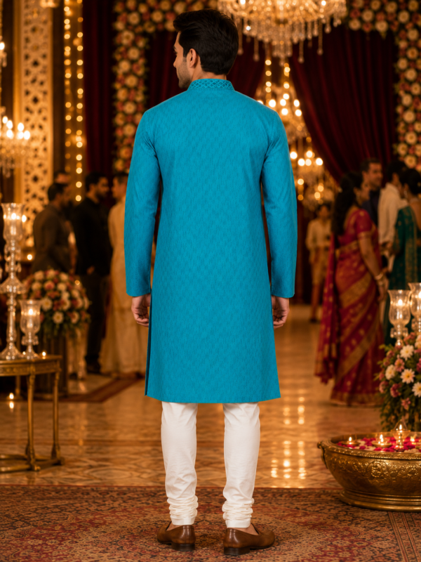 Vibrant Teal Textured Ethnic Kurta for Men - Image 3
