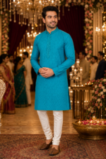 Vibrant Teal Textured Ethnic Kurta for Men - Image 2