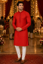Crimson Festive Embroidered Men's Kurta - Image 3